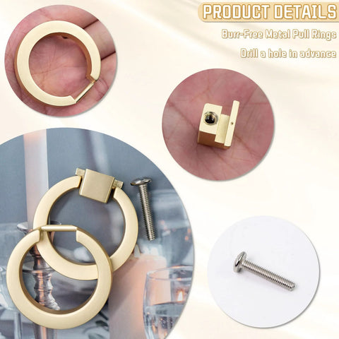 Detailed view of 4 Pack Gold Cabinet Knobs With Screws, Brushed Gold Ring Pulls For Dresser, Cupboard And Wardrobe, installation details shown
