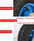 Heavy Duty Swivel And Fixed Plate Caster Set With Smooth Roll Pneumatic Rubber Wheels For Toolboxes And Utility Carts Featuring Double Ball Bearings And Real Deal Eight Hundred Pound Capacity close-up of pneumatic rubber caster wheel with thick outer tire.