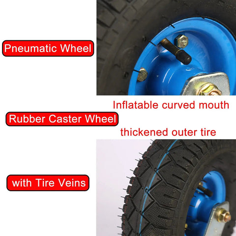 Heavy Duty Swivel And Fixed Plate Caster Set With Smooth Roll Pneumatic Rubber Wheels For Toolboxes And Utility Carts Featuring Double Ball Bearings And Real Deal Eight Hundred Pound Capacity close-up of pneumatic rubber caster wheel with thick outer tire.