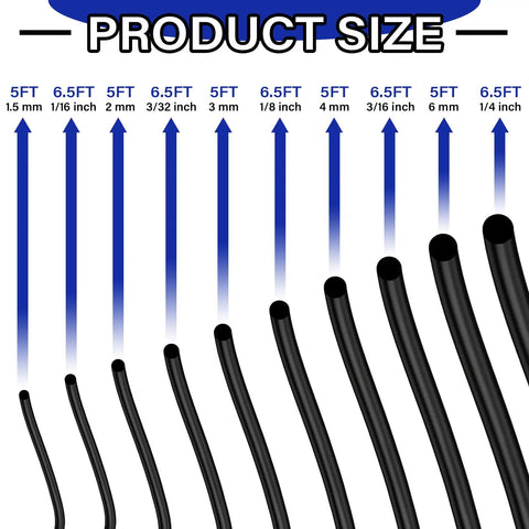 All In One O Ring Splicing Kit With 70A Nitrile Black O Rings, SAE And Metric Sizes From 1/16 To 1/4 And 1.5mm To 6mm, size chart.