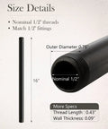 10 Pack 1/2 In X 16 In Black Malleable Iron Pipe Nipples Fittings Set showing size details and specifications