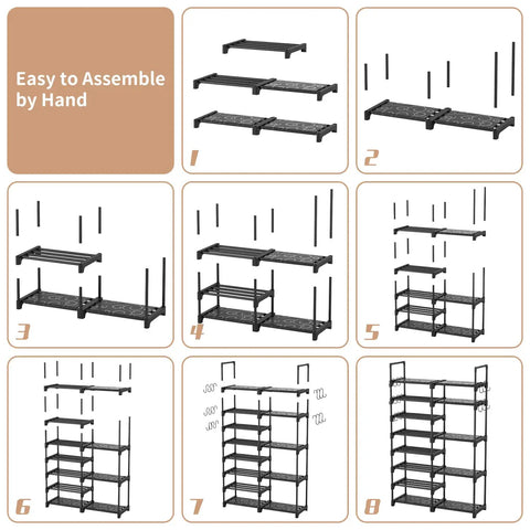 Assembly steps for 8 Tier Metal Shoe Rack Organizer For Closet, Entryway Or Garage, showing frame setup and shelving