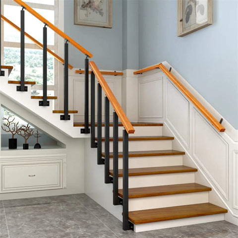 Heavy Duty Square Wrought Iron Railing Spindles With 90 Degree Curved Base For Deck Porch Safety Run Your Stairs Right No Hassle Side Mount Install Indoors Outdoors Rock Solid Guardrail Kit, black iron spindles and wooden railings in a staircase.