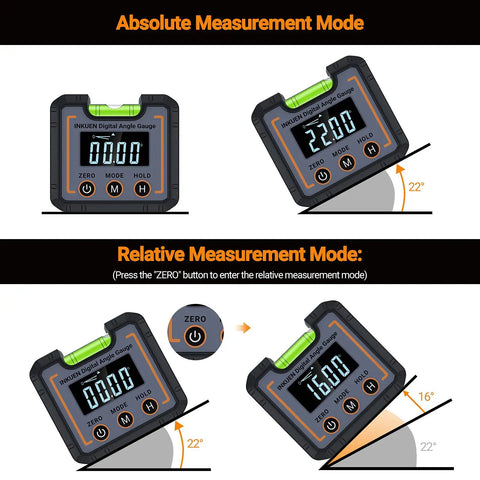 Pro Grade Digital Angle Finder And Level With Magnetic Base And High Contrast Display features absolute and relative measurement modes