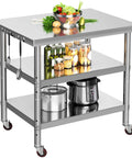 Heavy Duty Stainless Steel Work Table On Wheels With Three Shelves 30 By 24 Inch Industrial Grade Mobile Prep Station For Kitchen Garage Workshop NSF Certified Easy To Clean And Versatile Shop Ready with three shelves and casters