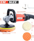 7 Inch Variable Speed Polisher Pro with 12 Amp Motor, shown with 6 Speed Settings, 5 Pad Buffing Kit, 6 Inch Foam Pads, 7 Inch Wool Pads