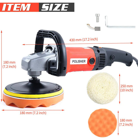 7 Inch Variable Speed Polisher Pro with 12 Amp Motor, shown with 6 Speed Settings, 5 Pad Buffing Kit, 6 Inch Foam Pads, 7 Inch Wool Pads