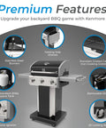 Infographic of Three Burner Propane Gas Grill With 30000 BTUs Cast Iron Grates 512 Square Inches Of Total Cooking Surface features.