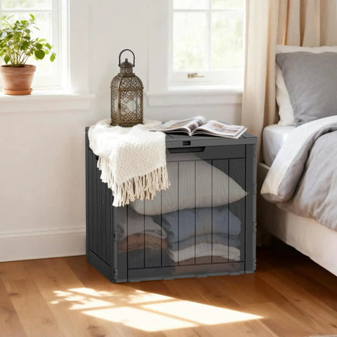 30 Gallon Outdoor Deck Box Lockable Waterproof Storage Container for cushions near bed, decorated with lantern and throw