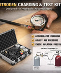 Hydraulic Nitrogen Pressure Gauge Test Kit For Accumulators with open case showing gauges, adapters, gas hose, and connections diagram.