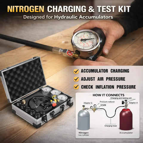 Hydraulic Nitrogen Pressure Gauge Test Kit For Accumulators with open case showing gauges, adapters, gas hose, and connections diagram.