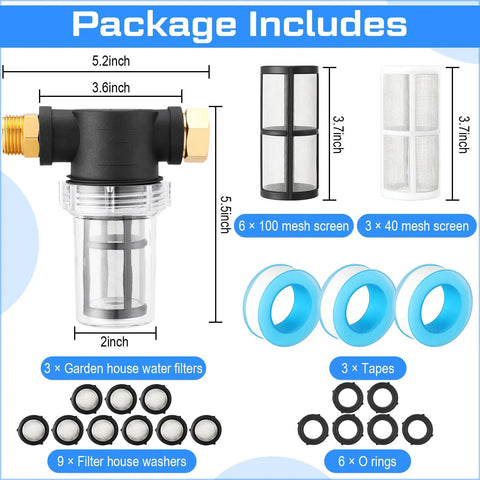 No Nonsense Inline Garden Hose Filter Set With 40 And 100 Mesh Screens, Sediment Filter For Hose, package contents overview