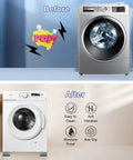 Front view of a silver front-loading washing machine showing vibration lines.
Installed view of white front-loading washing machine on four anti-vibration pads.