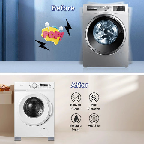 Front view of a silver front-loading washing machine showing vibration lines.
Installed view of white front-loading washing machine on four anti-vibration pads.