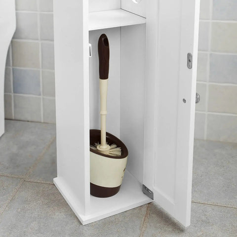 Open cabinet showing storage in Free Standing Toilet Paper Holder And Slim Bathroom Storage Cabinet For Narrow Spaces White Mega Roll Organizer Doorless Design Easy Access Space Saver For Small Bathrooms.