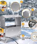 1.5 Gallon Heated Chicken Waterer with stainless steel design, adjustable float valve, and snowproof roof for winter comfort.