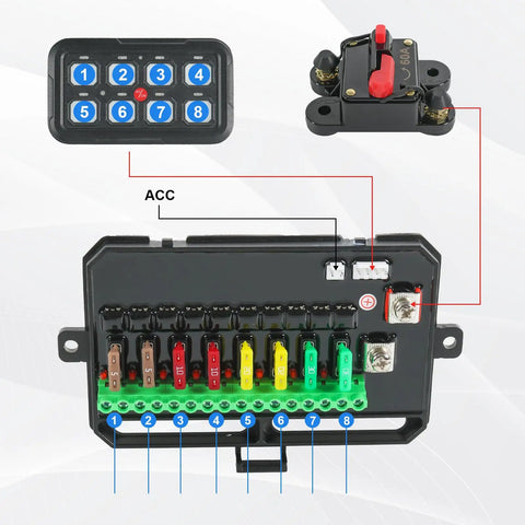 8 Gang Switch Panel With Built In Relay And Fuse Wiring Harness For Pickup Truck Boat ATV UTV Universal Circuit Control System Auto Dimming LED Switch Pod On Off Controls Six Devices All In One showing front interface with labeled buttons and fuses.
