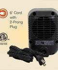 Back view of MyHeat 200 Watt Small Energy Efficient Portable Electric Ceramic Space Heater with 6' cord and 2-prong plug