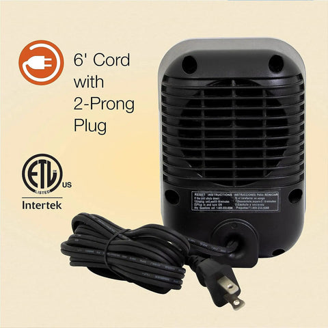 Back view of MyHeat 200 Watt Small Energy Efficient Portable Electric Ceramic Space Heater with 6' cord and 2-prong plug