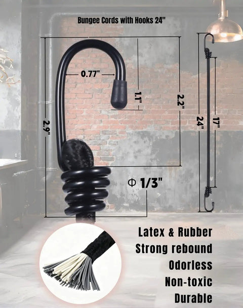 Heavy Duty Bungee Cords With Hooks Four Pack Two Foot Black Elastic Straps Twenty Four Inches Stretch To Thirty Five Inches One Third Inch Diameter Latex Rubber Blend Odorless Non Toxic Durable For Gear Hauling, showing cord dimensions and material composition.