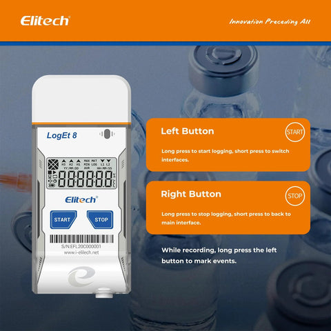 Elitech LogEt 8 USB temperature data logger with external sensor, white plastic case and blue Start/Stop buttons