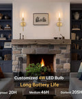 Set Of Two Rechargeable Battery Operated Wall Sconces Featuring Gold Glass Shades Zero Wiring Headaches For A Total Breeze Installation Plus Remote Dimming For Sweet Room Ambiance above a cozy fireplace with styled bookshelves.