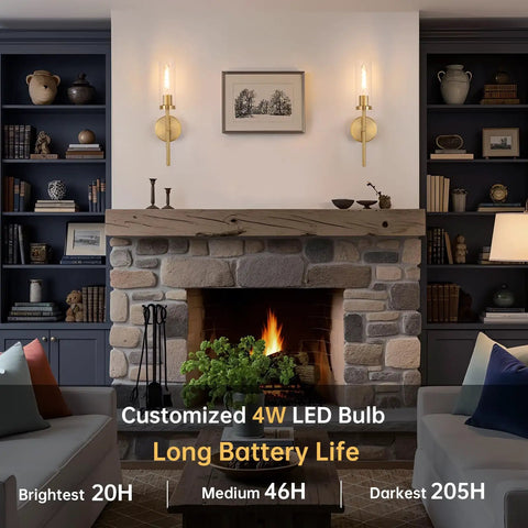 Set Of Two Rechargeable Battery Operated Wall Sconces Featuring Gold Glass Shades Zero Wiring Headaches For A Total Breeze Installation Plus Remote Dimming For Sweet Room Ambiance above a cozy fireplace with styled bookshelves.
