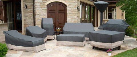 Outdoor patio furniture covered with gray Atmosphere protector, featuring Beefy Weatherproof Outdoor Loveseat Cover 82.5 Inch Wide.