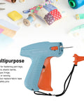Clothes Tagging Machine For Clothing, Price Tag Attacher Kit with sewing tools, shown with blue plastic and red handle.