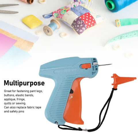 Clothes Tagging Machine For Clothing, Price Tag Attacher Kit with sewing tools, shown with blue plastic and red handle.