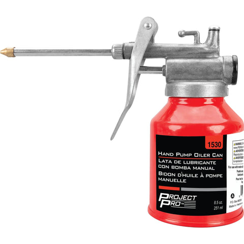 Hand pump oiler can, red 8.5 oz bottle, 3 in. spout, metal lever, Project Pro label