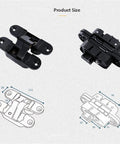 Three Dimensional Invisible Door Hinges For Wood Doors And Hidden Install, 180 Degree Swing, Easy Install 3D Hinges shown in black with dimensions