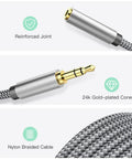 Close-up of Ten Foot 3.5mm Headphone Extension Cable Male To Female Aux Stereo Audio Jack with nylon braided design.