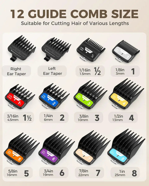Color Coded Hair Clipper Guard Set With Ten Size Attachments From One Sixteenth Inch To One Inch Includes Two Ear Taper Combs