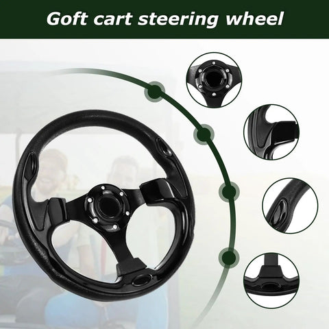 Sweet Upgrade Universal Golf Cart Steering Wheel Featuring Legit Skid Design 12.5 Inch All Black Aluminum Build For Club Car Ezgo Rxv Txt Valor Ds Onward And Yamaha Models, front view with grip texture.