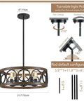 Black 22 Inch Drum Chandelier With Wood Grain Finish Modern Farmhouse Pendant Light Dope 5 Lights Round Hanging Fixture For Dining Room Living Room And Kitchen Sloped Ceiling Compatible with dimensions and adjustable rods.
