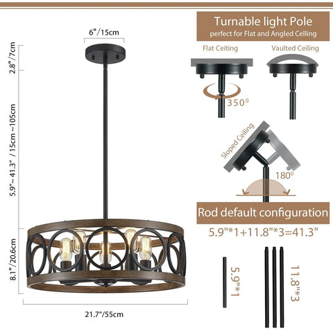 Black 22 Inch Drum Chandelier With Wood Grain Finish Modern Farmhouse Pendant Light Dope 5 Lights Round Hanging Fixture For Dining Room Living Room And Kitchen Sloped Ceiling Compatible with dimensions and adjustable rods.