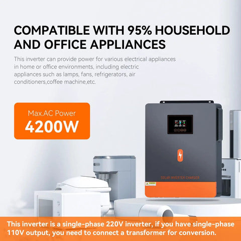 High Power 4200W 24V DC To 230V AC Off-Grid Hybrid Inverter with All-In-One Solar Charger shown with appliances.