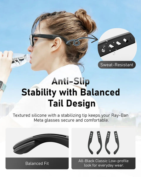 Person wearing Anti Slip Ear Grips For Meta Wayfarer Smart Glasses Silicone Temple Shields For A Snug All Day Fit