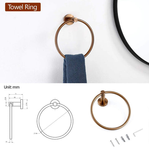 Stainless Steel Bathroom Accessories Set With Towel Bar Towel Ring Toilet Paper Holder And Hooks In SUS 304 Brushed Brass Finish For Modern Durable Corrosion Resistant Easy Clean Bathroom Makeover showing rose gold towel ring with blue towel.