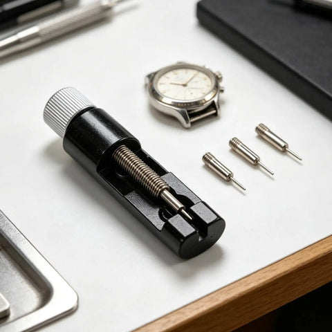 Watch Link Remover Tool With Micro Adjustment Slider For Stainless Steel Bands Includes Extra Pins And Spring Bar Tool Portable Home And Travel Kit Blue on table with watch