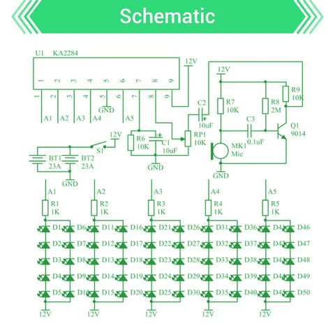 Schematic diagram for DIY Voice Activated LED Glasses Kit With Battery, showing electronic components and LED layout.
