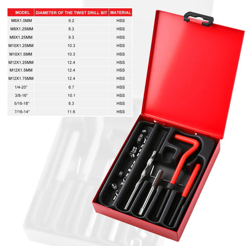 All In One M6 X 1.0mm Helicoil Thread Repair Kit with HSS drill bits, taps, installation tool, and carry case for thread repair