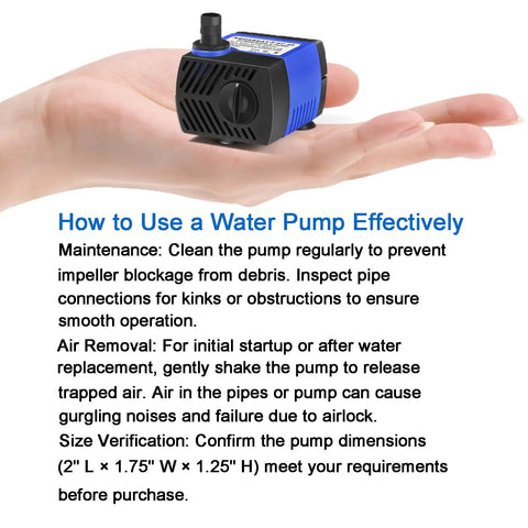 Small Submersible Fountain Pump For Aquariums And Outdoor Fountains, 80 GPH Adjustable Flow sitting on a hand with usage instructions