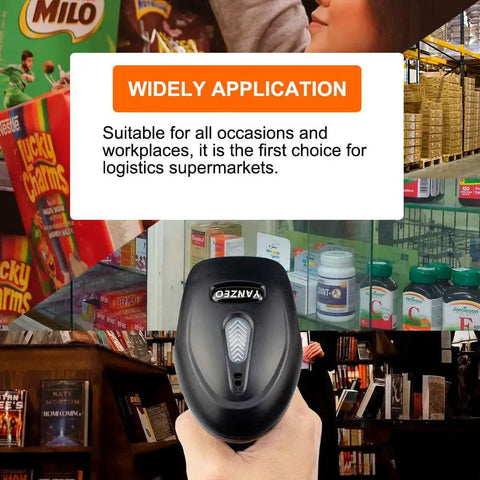 Handheld USB Barcode Scanner, Wired CCD Barcode Reader shown with diverse applications for store, warehouse, supermarket settings.