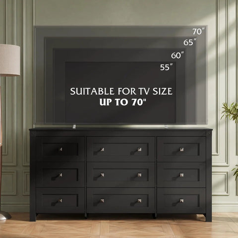 Top Shelf 9 Drawer Farmhouse TV Stand With Badass Storage Space And Rustic Barn Accents Built For Chill Living Rooms Holds Big Screens Up To 70 Inches, showcasing ideal TV size options.