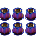 Set Of Six Rugged Titanium Motorcycle Axle Nuts With Grippy Burnt Blue Finish And M12x1.5 Thread, shown in hexagonal design.