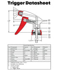 Trigger datasheet showing components and dimensions for Boss Grade 16 Oz Spray Bottles 4 Pack With Dilution Ratios And Ounces To Milliliters Made In USA