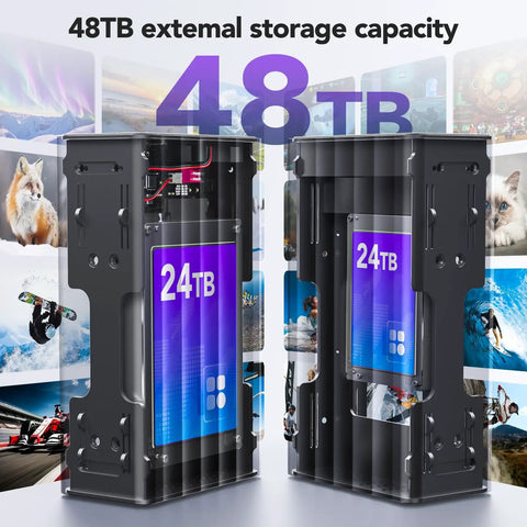 Dual Bay Usb C Raid Enclosure Fits 2.5 Or 3.5 Sata Drives With Cooling Fan Expands Storage To 48Tb showing 24TB storage display.