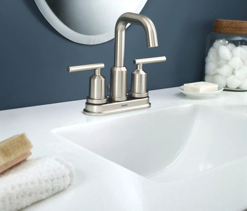 Two-Handle High Arc Bathroom Faucet In Spot Resist Brushed Nickel Finish, No-Fuss 4-Inch Centerset Install, ADA Compliant, Smooth Temperature Control